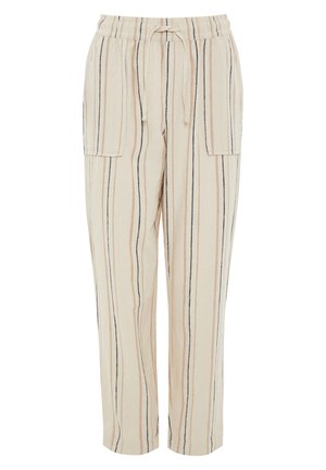 Pantalones de rayas beige con cintura elástica y cordón. Cuenta con dos bolsillos laterales y un corte relajado. Textura de tela suave.