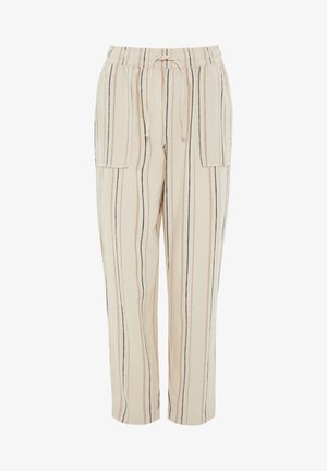 Beżowe, pasiaste spodnie z elastycznym pasa i sznurkiem do regulacji. Posiadają dwie kieszenie boczne i luźny krój. Miękka tekstura materiału.