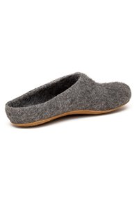 Gray felt slipper with a rounded toe, low back, and a tan rubber sole. Soft texture and minimalist design.