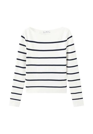 Haut blanc à manches longues avec des rayures horizontales bleu marine et un large décolleté bateau ; conçu pour un ajustement décontracté et fabriqué à partir d'un matériau doux.