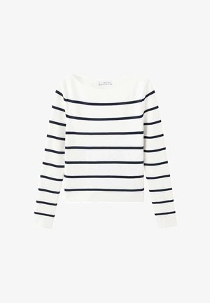 Haut blanc à manches longues avec des rayures horizontales bleu marine et un large décolleté bateau ; conçu pour un ajustement décontracté et fabriqué à partir d'un matériau doux.