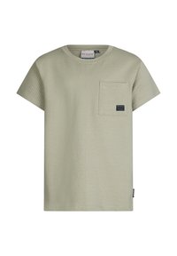 Jasnozielona, teksturowana koszula z krótkim rękawem, okrągłym dekoltem, jedną kieszenią na piersi oraz małą metką marki. Materiał typu waffle.