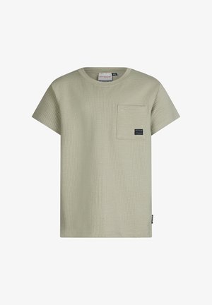 Lichtgroen getextureerd shirt met korte mouwen en ronde hals, met een enkele borstzak en een klein merkembleem. Wafelgebreide stof.