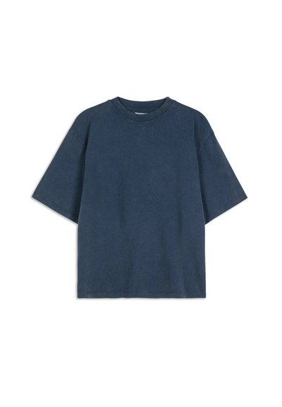 T-shirt corto blu scuro in cotone. Caratterizzato da un colletto tondo e una vestibilità rilassata con un tessuto semplice e testurizzato.