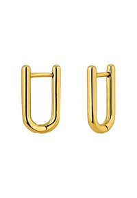 Pendientes en tono dorado con un diseño único en forma de U, con una superficie pulida y bordes redondeados, que enfatizan un aspecto elegante y contemporáneo.