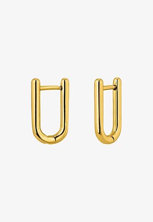 Pendientes en tono dorado con un diseño único en forma de U, con una superficie pulida y bordes redondeados, que enfatizan un aspecto elegante y contemporáneo.