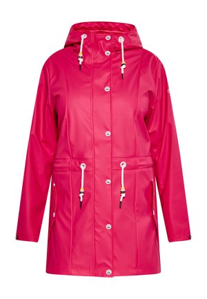 Chubasquero rosa impermeable con capucha, con cordones en contraste, botones a presión, dos bolsillos delanteros y un diseño de cintura ajustada.