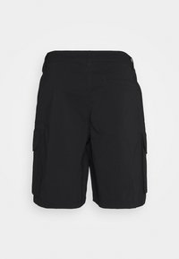 Shorts cargo noirs à coupe droite, dotés de deux poches latérales, d'une poche arrière et d'une texture lisse. Design simple et matériau durable.