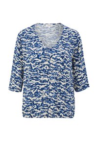 Top blu e bianco a motivo con scollatura a V, maniche corte e vestibilità rilassata; tessuto testurizzato con un design simile al camouflage.