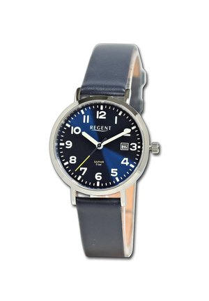 Montre Regent avec un cadran bleu, boîtier argenté, chiffres arabes blancs et un bracelet en cuir bleu. Fenêtre de date à 3 heures.