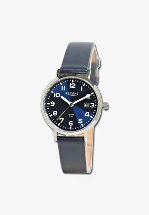 Montre Regent avec un cadran bleu, boîtier argenté, chiffres arabes blancs et un bracelet en cuir bleu. Fenêtre de date à 3 heures.