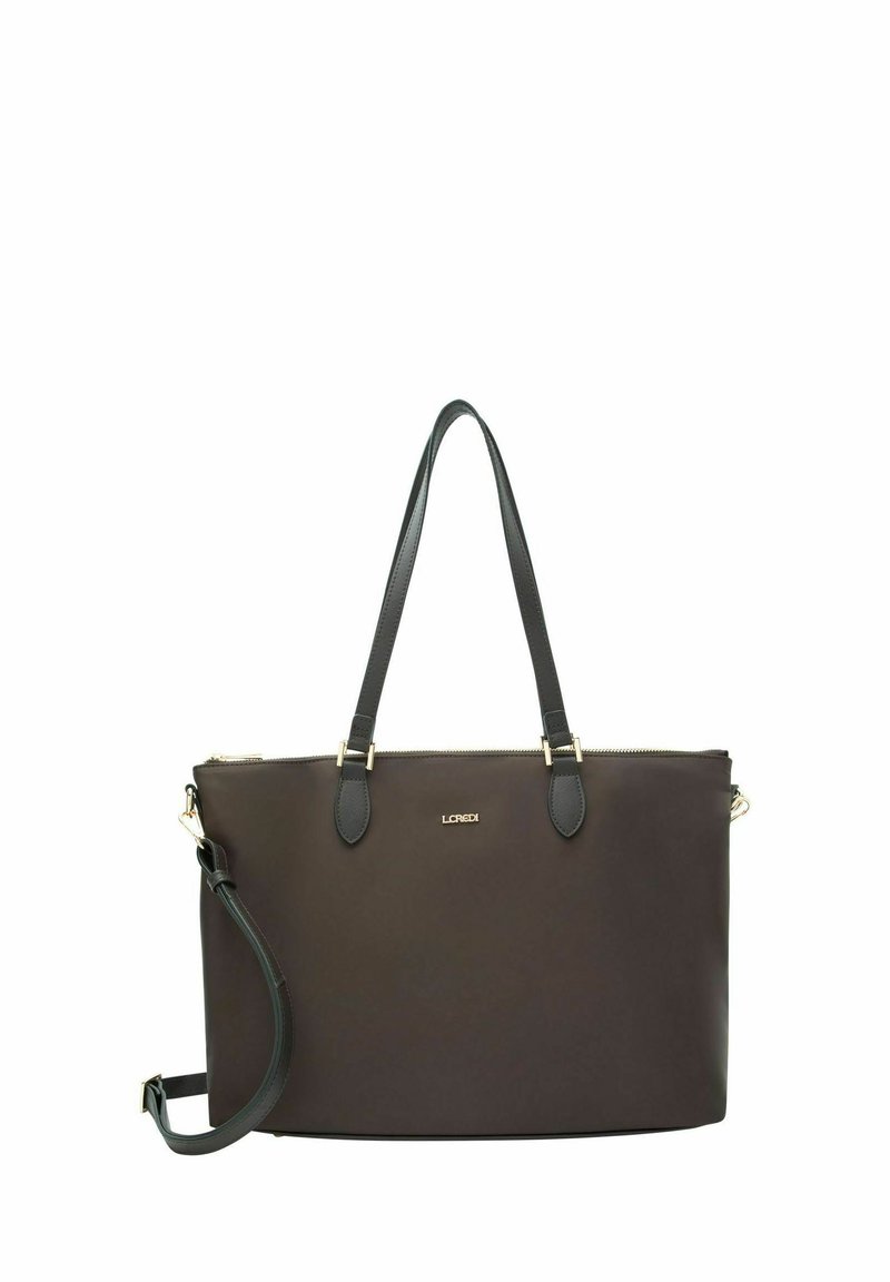 Borsa tote marrone realizzata in materiale sintetico liscio, con doppie maniglie superiori, tracolla removibile, componenti in oro e chiusura a zip sulla parte superiore.