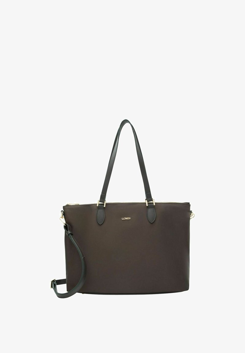 Borsa tote marrone realizzata in materiale sintetico liscio, con doppie maniglie superiori, tracolla removibile, componenti in oro e chiusura a zip sulla parte superiore.