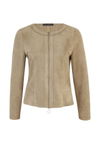 Beige suède jasje met een getailleerd ontwerp, ronde halslijn, ritssluiting aan de voorkant en een zilveren ronde trekker. Bevat verticale naaddetails en lange mouwen.