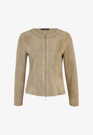 Beige Wildlederjacke mit tailliertem Schnitt, rundem Halsauschnitt, Vorderreißverschluss und silbernem, rundem Zipper. Verfügt über vertikale Nahtdetails und lange Ärmel.