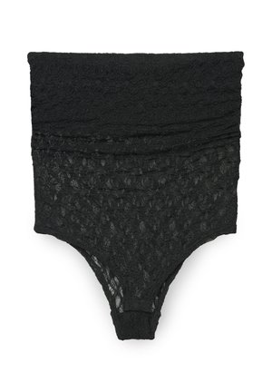 Culotte lingerie noire taille haute en dentelle avec motif floral et détails transparents, offrant une couverture complète et un ajustement confortable.