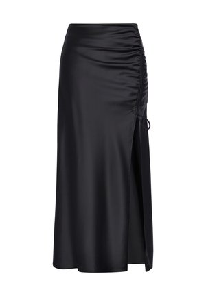 Fustă midi din satin negru, cu adunături laterale și o deschidere înaltă, legată cu o sfoară subțire pe un fundal alb.