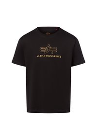 Črna majica iz bombaža s kratkimi rokavi. Ima zlat logo "ALPHA INDUSTRIES" in geometrijski vzorec na sredini.