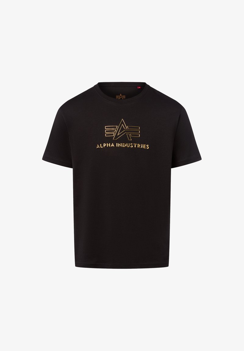 Črna majica iz bombaža s kratkimi rokavi. Ima zlat logo "ALPHA INDUSTRIES" in geometrijski vzorec na sredini.