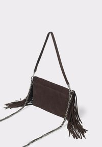 Brown suede purse featuring a simple rectangular shape, fringe accents, and a chain strap for crossbody or shoulder wear.