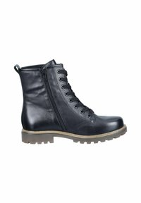 Black leather ankle boots with a lace-up front and side zipper. Sturdy sole with a rugged texture. Smooth finish and low heel.