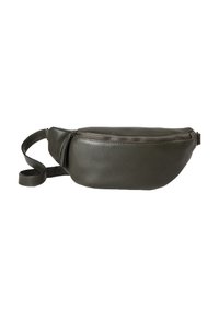 Marsupio di pelle verde scuro con una finitura testurizzata, dotato di chiusura con zip e tracolla regolabile. Forma compatta e curva.