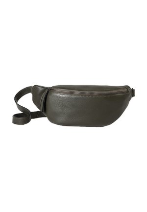 Dark green leather fanny pack with a textured finish, featuring a zippered closure and adjustable strap. Compact, curved shape.