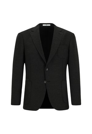 Donkergrijs colbert met een reverskraag, twee knopen aan de voorkant, een borstzak en twee zijzakken, gemaakt van gestructureerde stof.