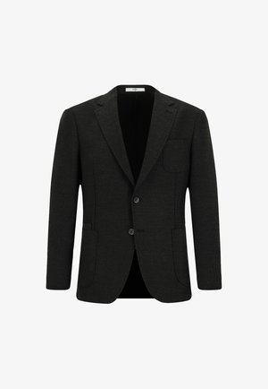 Donkergrijs colbert met een reverskraag, twee knopen aan de voorkant, een borstzak en twee zijzakken, gemaakt van gestructureerde stof.