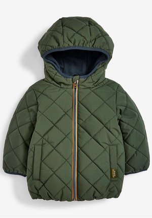 Veste matelassée verte à capuche pour tout-petits avec fermeture éclair sur le devant et poches latérales, dotée de poignets élastiques et d'une petite étiquette en tissu.