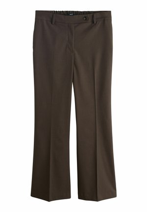 Brown women's tailored straight-leg trousers with button and zip fastening, front pockets, and belt loops.
