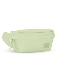 Light green, fabric waist bag with a zip closure, flat shape, drawstring accents, and a rectangular tag embossed with the brand name.