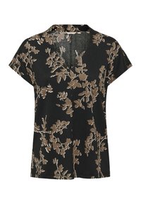 Blusa nera con maniche corte, caratterizzata da un collo a V, tessuto texturizzato e un motivo floreale in marrone e crema.