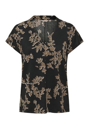 Schwarze Bluse mit kurzen Ärmeln, V-Ausschnitt, strukturiertem Stoff und einem floralen Muster in Braun und Creme.