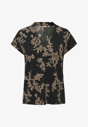 Juoda bluzonė trumpomis rankovėmis, turinti V formos iškirpimą, faktūrinį audinį ir gėlių raštą rudomis ir kreminėmis spalvomis.
