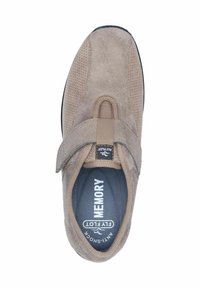Tan suede shoe with memory foam insole, elastic strap, and mesh detailing. Anti-shock design, featuring a black rubber outsole.
