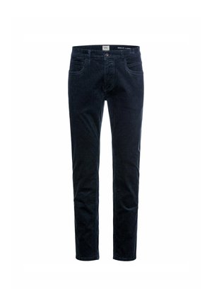 Donkerblauwe corduroy pants met een slim fit. Voorzien van frontzakken, een knoopsluiting en duidelijke stikdetails langs de naden.