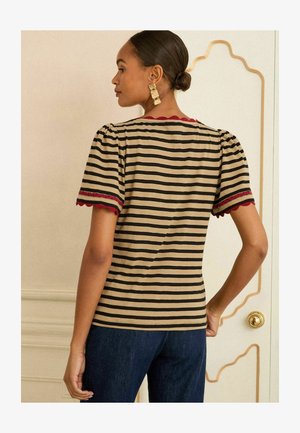 Svītrains T-krekls bēšā un melnā krāsā ar pūkainām īsām piedurknēm, kurām ir sarkans viļņots apdare. Apvienots ar tumši zilām džinsiem, redzams no aizmugures.