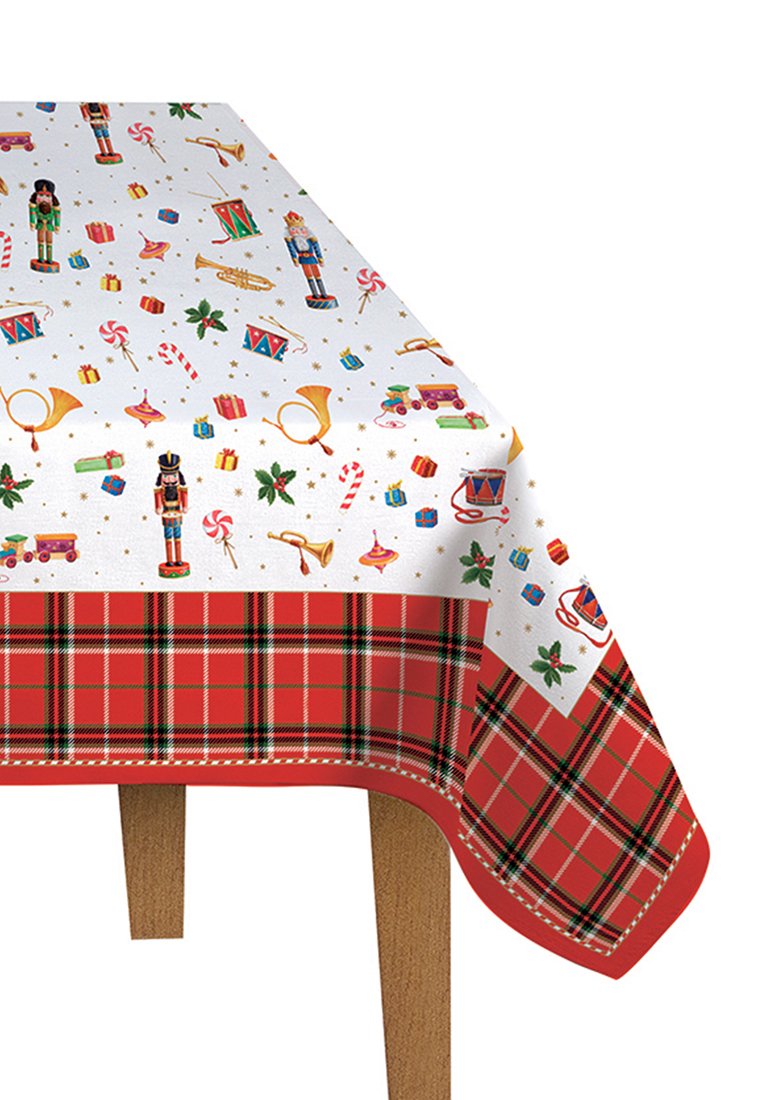 Rote Karomuster-Tischdecke mit weißem Hintergrund, die festliche Motive von Nussknackern, Geschenken und Zuckerstangen zeigt; glatte Textur.