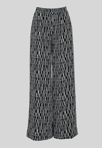 Black and white wide-leg pants with an elastic waistband, featuring a geometric pattern of varying horizontal and vertical lines.