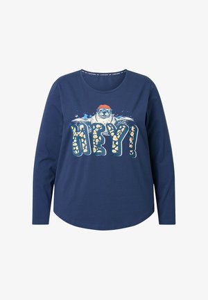 Maglietta a maniche lunghe blu navy in misto cotone con stampa grafica di un orso che indossa occhiali da sole e un cappello rosso, con grande testo "HEY!" in lettere colorate.