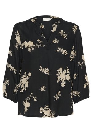 Svart blus med V-hals och tre fjärdedelars ärmar, med ett beige blommönster. Tillverkad av lättviktsmaterial och med en avslappnad passform.