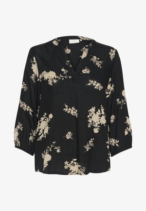 Bluză neagră cu decolteu în V și mâneci trei sferturi, având un model floral bej. Fabricată dintr-un material ușor și cu o croială relaxată.