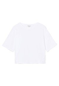 Witte cropped t-shirt met korte mouwen, ronde halslijn en kantdetails aan de zijkanten. Gemaakt van zachte, gladde stof.