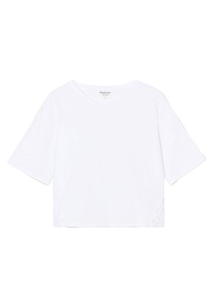 T-shirt blanc court avec des manches courtes, un col rond et des détails en dentelle sur les côtés. Fabriqué en tissu doux et lisse.