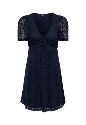 Vestito corto in pizzo blu navy con scollo a V, maniche a sbuffo e dettaglio con coulisse sotto il seno, lunghezza al ginocchio con motivo floreale in pizzo.