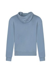 Haut à capuche bleu clair avec une texture douce, une coupe décontractée et une capuche spacieuse ; dotée de poignets et d'ourlet côtelés pour un ajustement confortable.