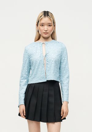 Vrouw met stijl blond haar die een lichtblauwe, gestructureerde top met lange mouwen en strikjes aan de voorkant draagt en een zwarte geplooide rok, kijkend naar voren.