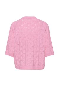 Rosa gestrickter Pullover mit Zopfmuster, kurzen Ärmeln und weicher Textur, mit Rundhalsausschnitt und lockerer Passform.