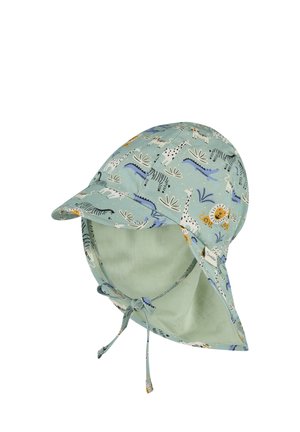 Light blue children's sun hat with neck flap, tie straps, and animal print including lions, giraffes, zebras, and hippos.